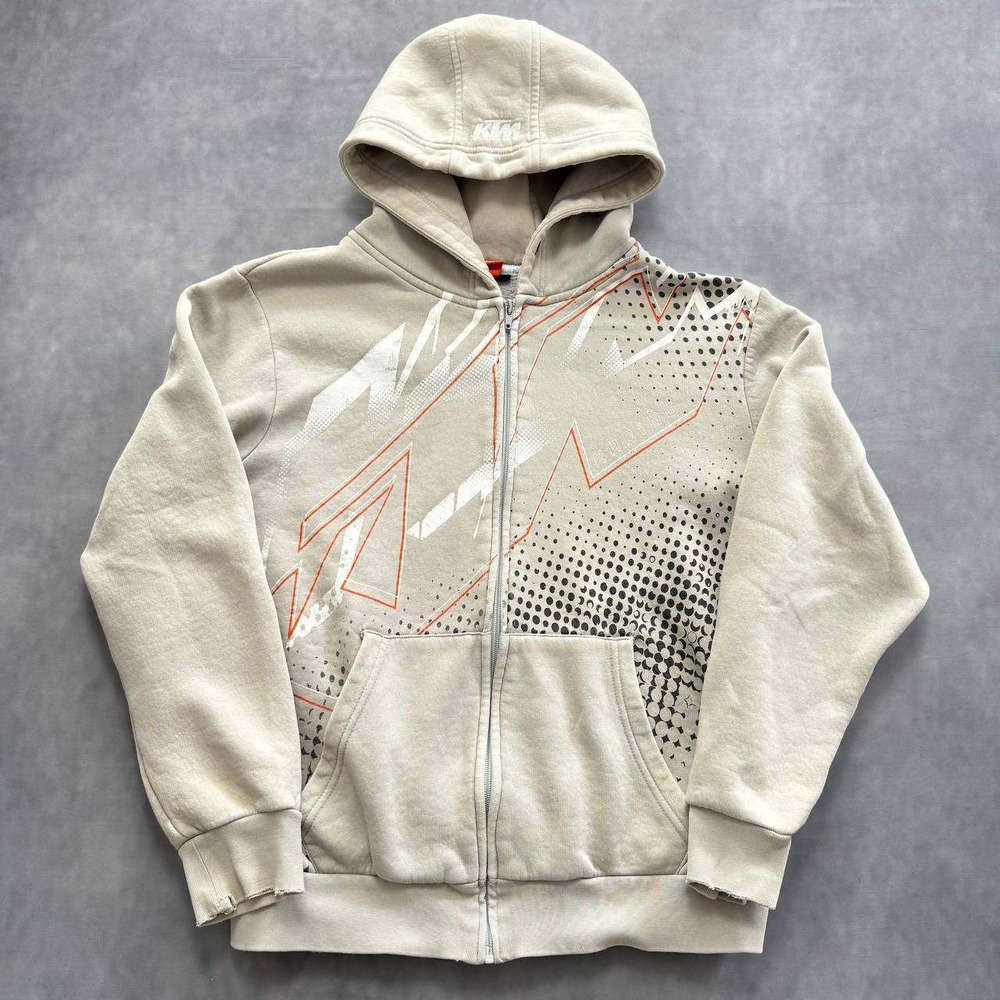 KTM Racing Zip Up Hoodie‎ Mens Medium Tan Y2K Motocross Distressed Graphic
